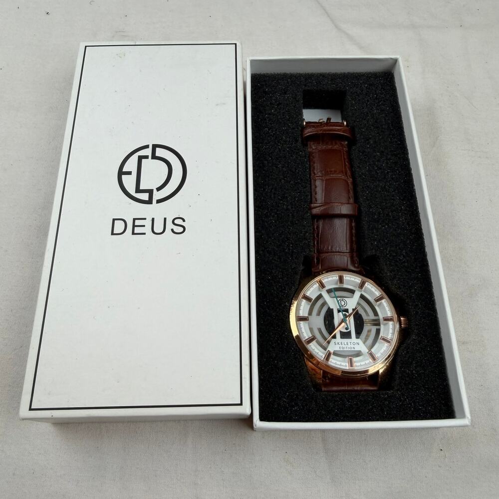 Deus Skeleton Edition Rose Gold Watch Brown Leather